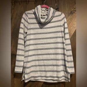 LOFT Light Gray and White Striped Cowl Neck Sweater